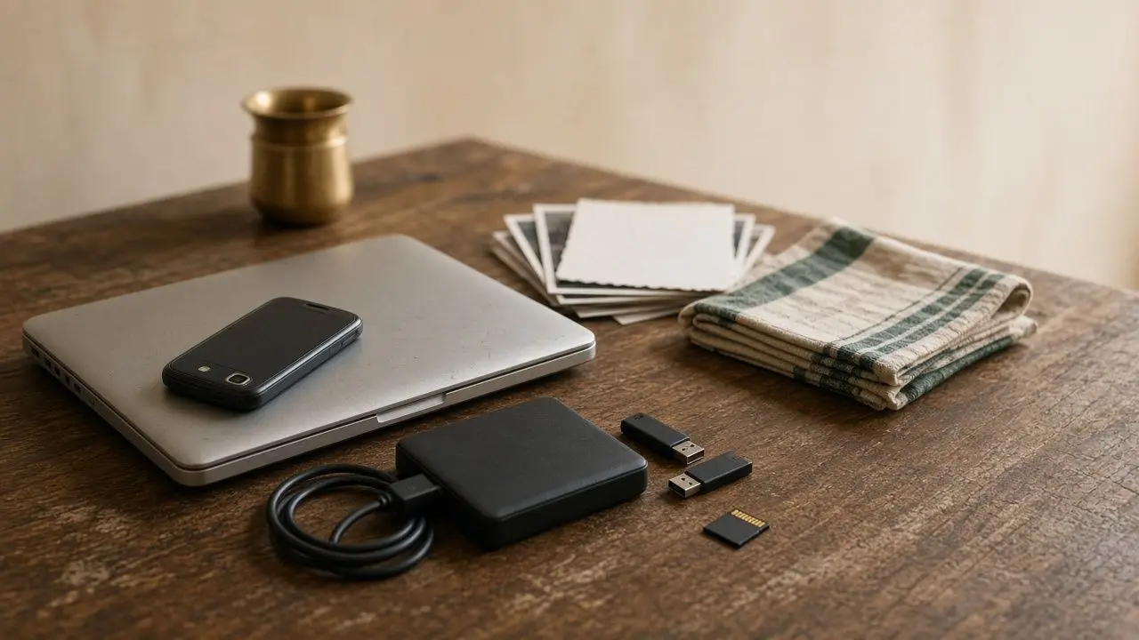 An old silver laptop with a smartphone on its lid, a black external hard drive with its cable, two USB sticks and a memory card on a worn wooden table, beside a small stack of printed photographs.