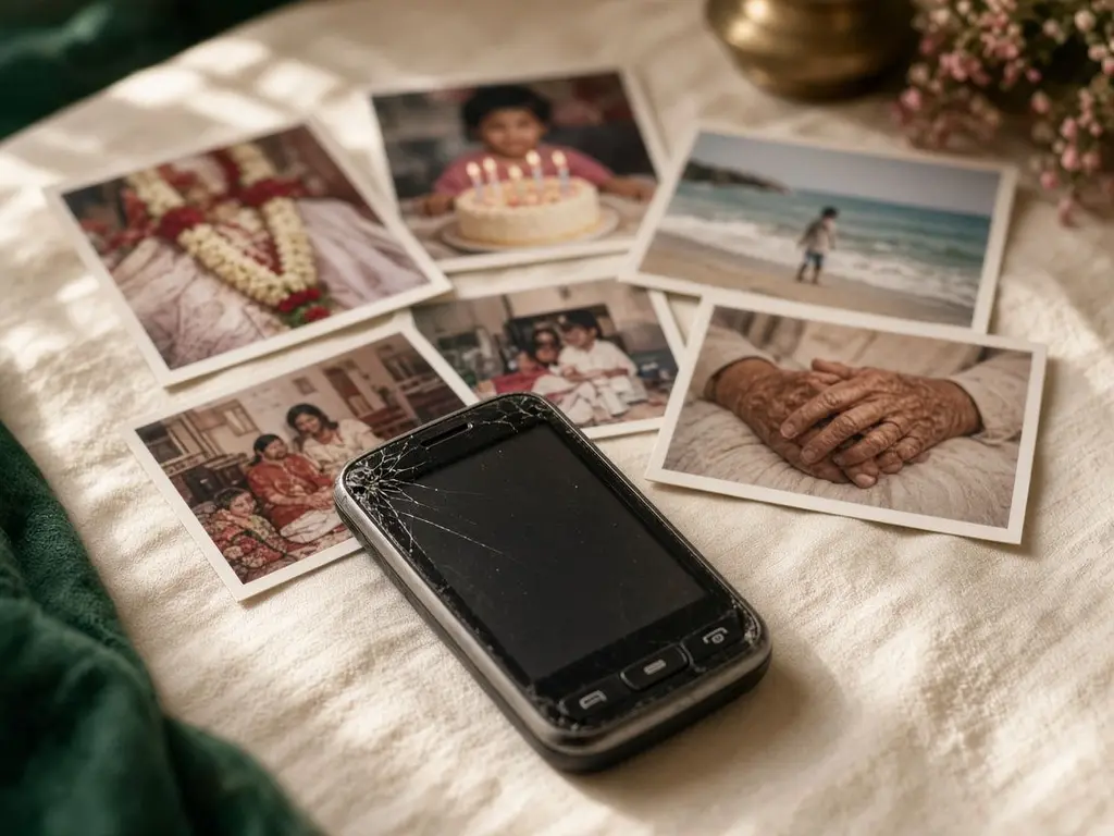 Printed family photographs — a wedding garland, a birthday cake, a beach, an elderly couple’s hands — spread on a cream cloth around an old smartphone with a cracked screen.