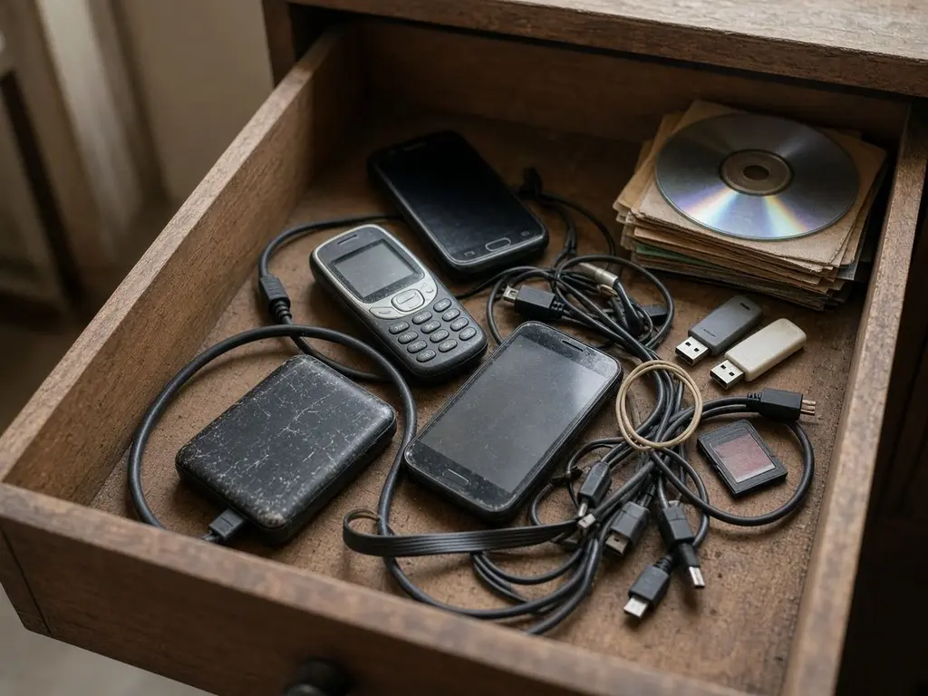 An open wooden drawer holding old mobile phones, a scuffed external hard drive, tangled charging cables, USB sticks, a memory card and a stack of CDs in paper sleeves.