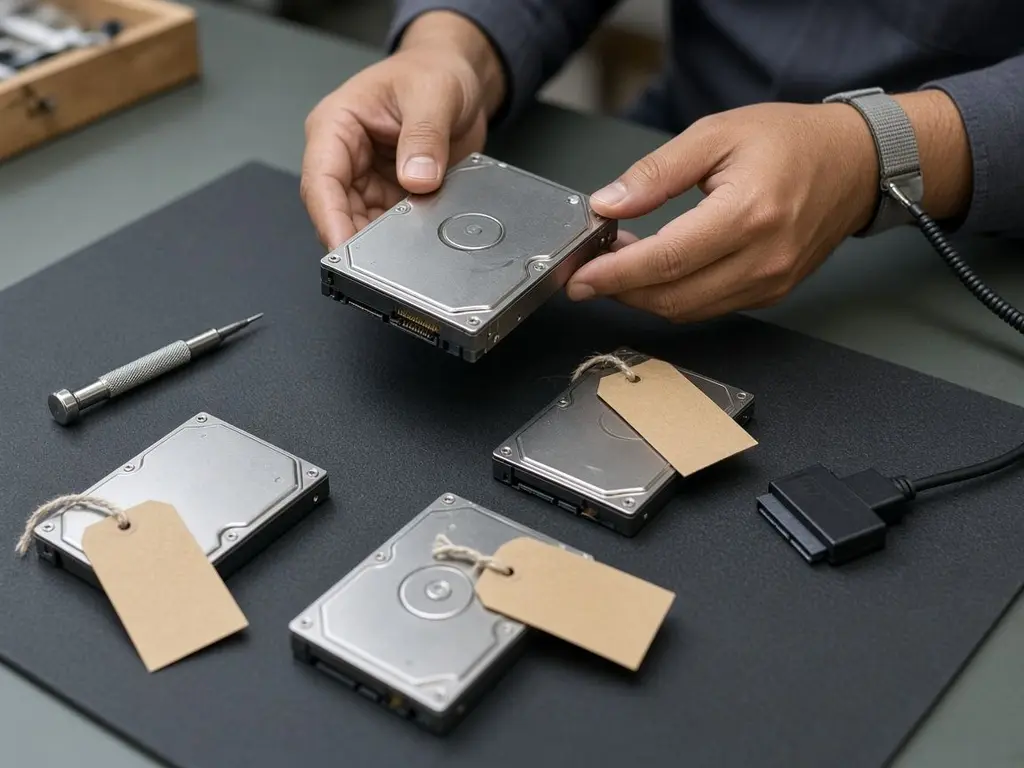 A technician wearing an anti-static wrist strap holds a bare hard drive by its edges over a dark anti-static mat, where three other drives wait with paper tags tied to them.